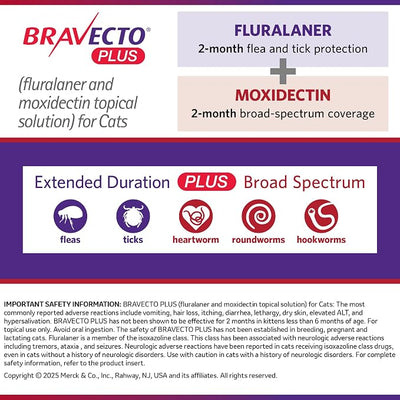 BRAVECTO PLUS Topical Solution for Cats, Flea, Tick & Heartworm, 2 Months Supply, 13.8-27.5 lbs., Purple Box