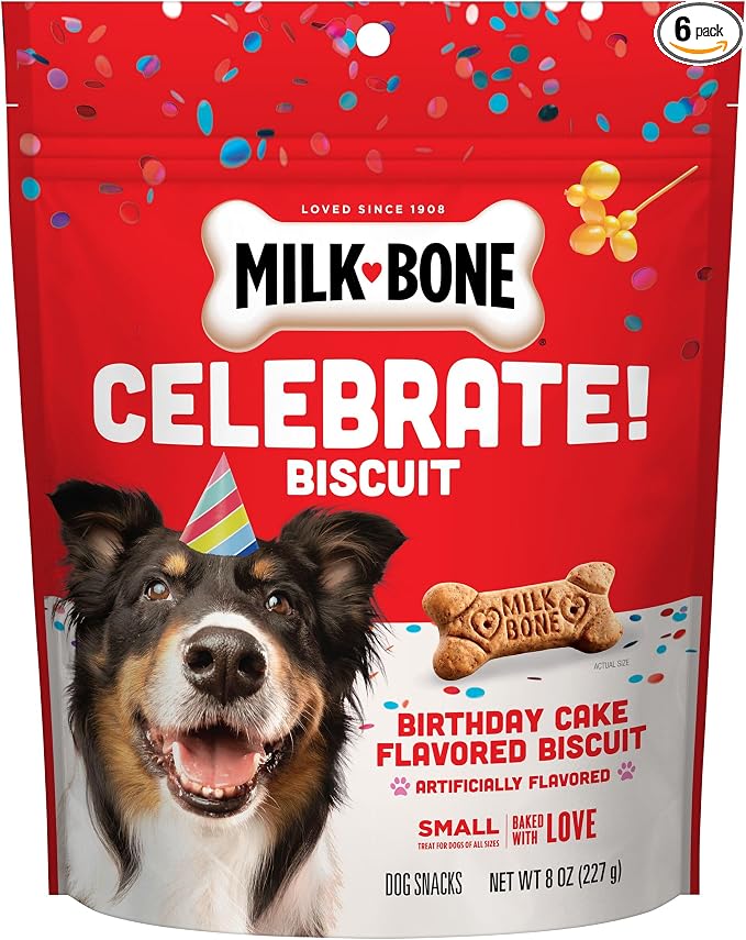 Milk-Bone Celebrate Birthday Cake Artificially Flavored Biscuits, Small Dog Treats, 8 oz. Bag (Pack of 6)
