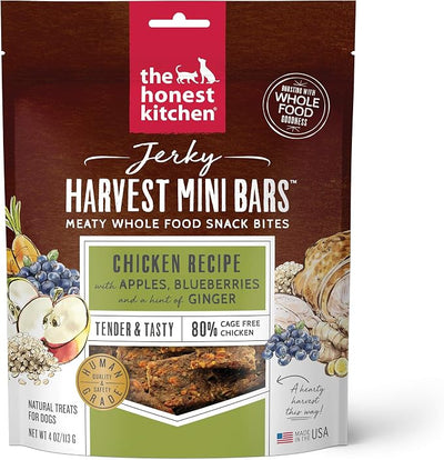 The Honest Kitchen Human Grade Dog Treats Jerky Harvest Mini Bars: Chicken Recipe With Apples & Blueberries, 4 oz Bag