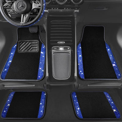 CAR PASS Bling Rhinestones Diamond Car Floor Mat,Sparkly Glitter Shining Crystal Carpet Anti-Slip PVC Heel Pad Waterproof Universal for Automotive SUV,Sedan,Van,4pcs Girl Pretty Women Men Black Blue