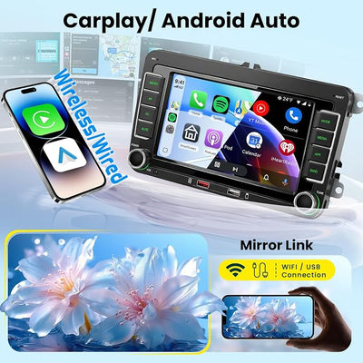 Hodozzy Car Stereo for Volkswagen VW Jetta Passat Golf Beetle Polo Caddy Tiguan Touran for SEAT for Skoda, 7 Inch IPS Touch Screen Wireless CarPlay & Android Auto, FM/AM/RDS Radio, EQ, SWC, Camera