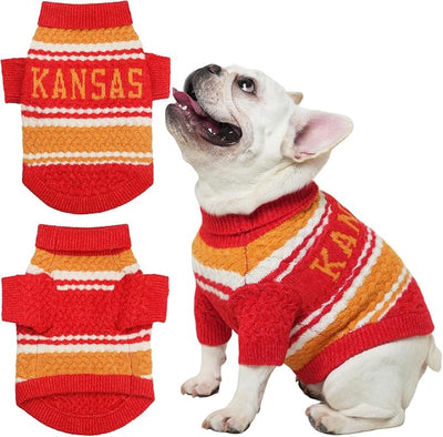 Kansas Small Dog Sweater Football Theme Turtleneck Knit Dog Sweaters for Small Pets Warm Winter Cat Dog Clothes