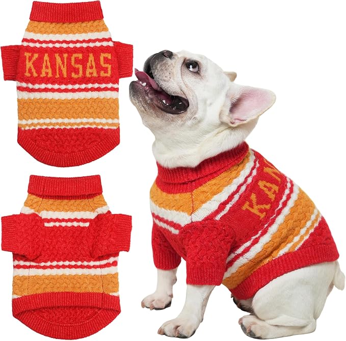 Kansas Small Dog Sweater Football Theme Turtleneck Knit Dog Sweaters for Small Pets Warm Winter Cat Dog Clothes