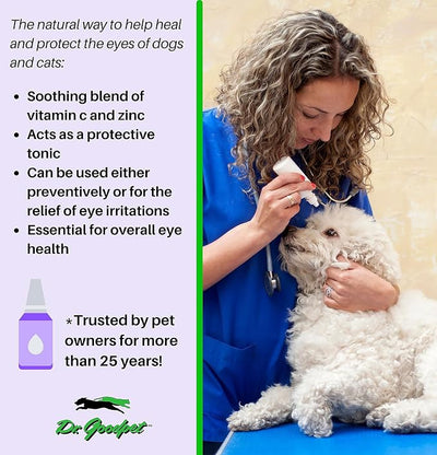 Dr. Goodpet Eye-C All-Natural Eye Drops for Dogs, Cats | Human Quality Zinc & Vitamin C | Veterinarian Recommended Eye Care | Soothe, Wash, and Moisturize Pet Eyes | Made in the USA