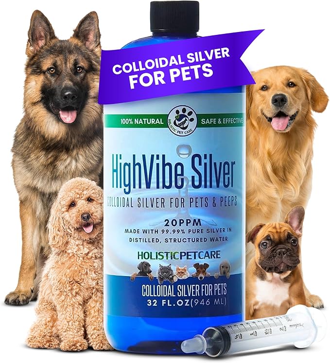 HOLISTIC PET CARE Colloidal Silver for Dogs, Cats, Horses & Birds - 20 PPM Skin Relief & Coat Care Solution, Wellness and Immune Support - All-Natural Colloidal Silver for Pets with Syringe (32 oz)