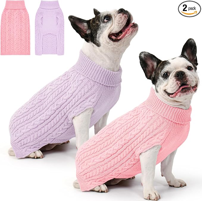Dog Sweater 2 Pack for Medium Dogs, Size M, Pink & Purple | Stretchy cable knit turtleneck, machine washable, high belly cut, comfy winter fit for French Bulldog, Pug
