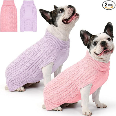Dog Sweater 2 Pack for Medium Dogs, Size M, Pink & Purple | Stretchy cable knit turtleneck, machine washable, high belly cut, comfy winter fit for French Bulldog, Pug