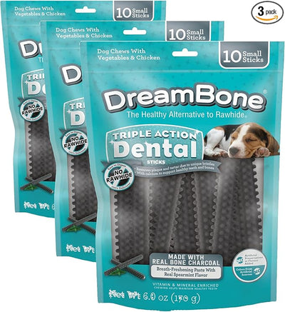 DreamBone Triple Action Dental Sticks Charcoal, 10 Count, Rawhide-Free Chews for Small and Medium Sized Dogs Freshens Breath (Pack of 3)