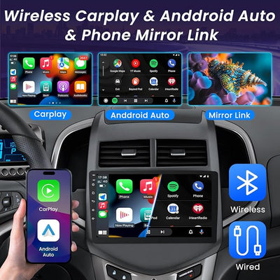 4 + 64G ROM Android 15 Car Radio for 2012-2016 Chevy Aveo Sonic: 9" QLED HD IPS Touchscreen Stereo, Wireless Carplay Android Auto 5G WiFi GPS FM 1080P Backup Camera SWC Bluetooth Voice Control