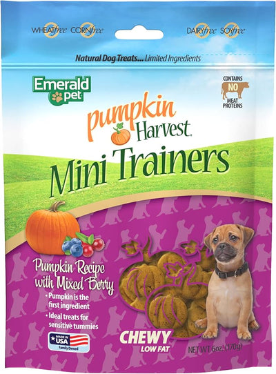Emerald Pet Pumpkin Harvest Mini Trainers Dog Treats, Mixed Berry Flavor, 6 oz – Chewy Low-Fat Training Treats with Pumpkin, Blueberries & Cranberries – Natural, Wheat-Free, Meat-Free, Made in USA