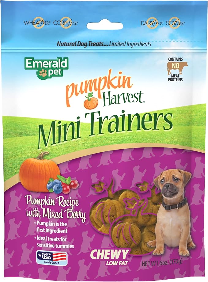 Emerald Pet Pumpkin Harvest Mini Trainers Dog Treats, Mixed Berry Flavor, 6 oz – Chewy Low-Fat Training Treats with Pumpkin, Blueberries & Cranberries – Natural, Wheat-Free, Meat-Free, Made in USA