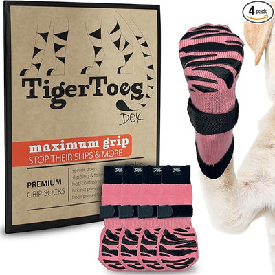 DOK TigerToes Premium Non-Slip Dog Socks for Hardwood Floors - Extra-Thick Grip that Works Even When Twisted - Prevents Licking, Slipping, and Great for Dog Paw Protection (Sassy Pink, X-Large)