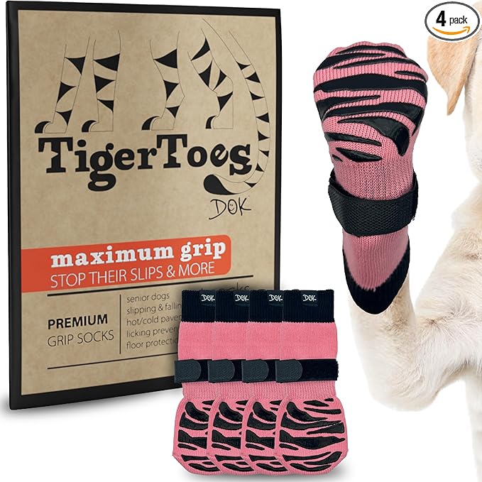 DOK TigerToes Premium Non-Slip Dog Socks for Hardwood Floors - Extra-Thick Grip that Works Even When Twisted - Prevents Licking, Slipping, and Great for Dog Paw Protection (Sassy Pink, X-Small)