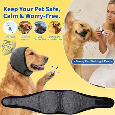 Dog Ear Muffs Noise Protection No Shake Ear Wrap for Hematoma Dog Quiet Ear Covers for Bath Grooming Swimming Waterproof Drying Dog Head Wrap Anxiety Relief Calming Comfort Hoodie Adjustable (M)