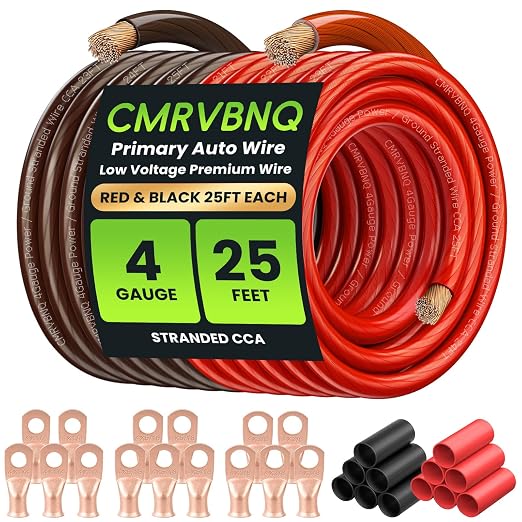 4 Gauge Battery Cable CCA Wire Kit, 25ft Each Red Black with Terminals Heat Shrink Tubes Low Voltage Primary Automotive Power Ground Cable for Car Audio Amp Subwoofer RV Wiring