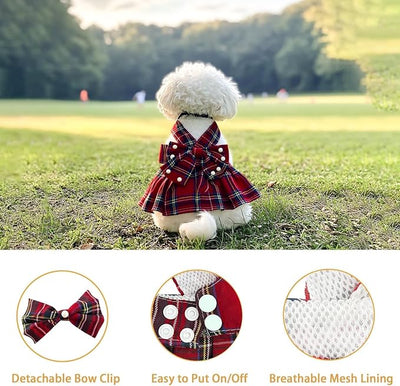 1 Pcs Cute Dog Dress Puppy Clothes with Bownot for Female Girl Small Dogs Outfits Harness for Outdoor Walking Birthday Party Red Plaid Skirt XS