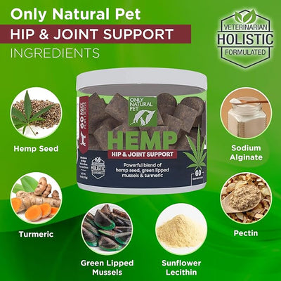 Only Natural Pet Hemp Hip & Joint Support for Dogs - Supplement for Mobility Wellness Pain Relief Healthy Inflammatory & Bone Stiffness - Chews w/Fatty Acid Blend Mussels & Turmeric - 60-Ct (2-Packs)