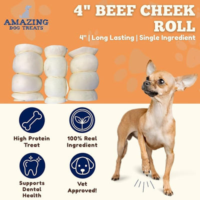 Amazing Dog Treats - Beef Cheek Rolls (4 Inch Regular - 8 Pcs) - Safe Rawhide Alternative Dog Chew - Great for Power Chewers - Long Lasting Dog Chew - Retriever Rolls for Dogs
