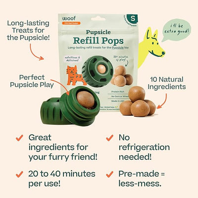 WOOF Pupsicle Refill Pops - Low-Mess Dog Snacks - with Peanut Butter and Beef - Dog Treats - Long Lasting - Small Pops - 10 Count - 2 Pack