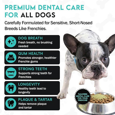 Frenchies vs Plaque & Tartar - Dog Dental Powder for Teeth Cleaning | Dog Breath Freshener & Teeth Cleaning Powder. Plaque remover & bad breath treatment. French Bulldog optimized, all breeds.