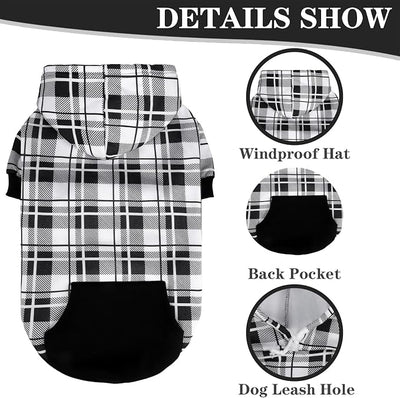 EXPAWLORER Plaid Dog Hoodie - British Style Warm Dog Sweater Shirt with Leash Hole,Pitbull Clothes Outfits,Winter Coat Apparel for All Breeds Puppy Girl Boy-Cat Apparel,Black & White Small