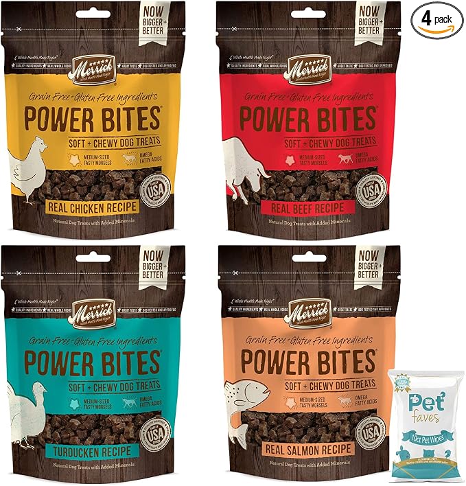 (4 Pack) Merrick Power Bites Natural Grain Free Gluten Free Soft & Chewy Chews Dog Treats - Chicken, Beef, Turducken, Salmon with 10ct pet Wipes