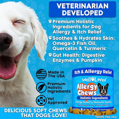 Well Loved Dog Allergy Chews - Dog Allergy Relief, Itching Skin Relief, Hot Spot Treatment & Seasonal Allergies, Vet Developed, Anti Itch Skin Irritation Treatment, Made in USA, 120 Chews