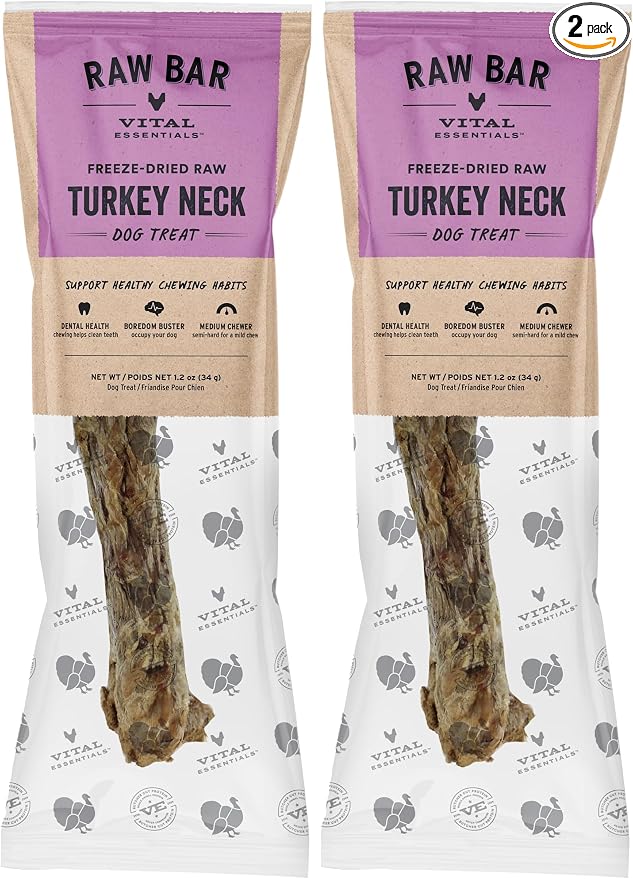 Vital Essentials Freeze-Dried Raw Turkey Neck Dog Treat & Natural Chew, 2-Pack | Single Ingredient Dog Treat for Medium Chewers | Made in USA