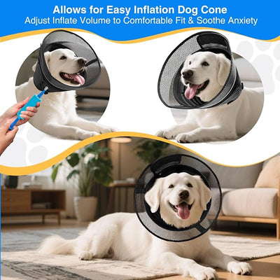 Inflatable Dog Cone Collar,Soft Adjustable Elizabethan Pet Recovery Collar | 2-in-1 Detachable Anti-Licking Shield E-Collar For Large Medium Dogs,Furniture-Friendly Post Surgery Recovery Cone(M)