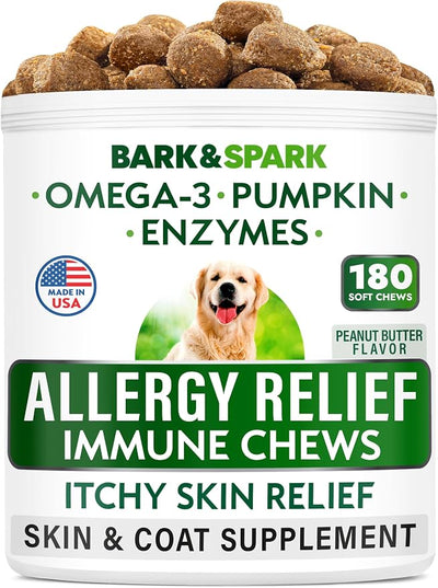 BARK&SPARK Dog Allergy Relief Soft Chews for Skin Health & Seasonal Allergies - Anti-Itch Supplement w/Omega-3, Quercetin & Bromelain Immune Treats for Dry Skin & Hot Spots - Peanut Butter - 180ct