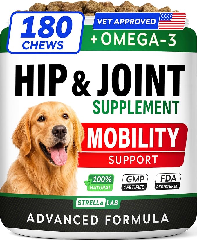 Advanced Hip & Joint Supplement for Dogs, w/Glucosamine & Omega-3-6 Fish Oil - Chondroitin MSM - Advanced Mobility Chews - Joint Pain Relief - Hip & Joint Care - Made in USA (180Ct)