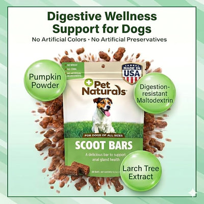 Pet Naturals Scoot Bars, Fiber Supplement for Dogs, Pumpkin and Tree Larch Extract, Anal Gland Support, Firm Up Stools, Delicious Fiber Bars, Duck Flavor, 30 Count