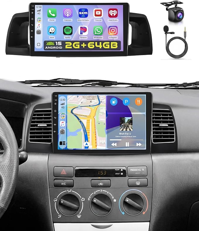 2+64GB Android Car Stereo for Toyota Corolla EX 2005-2012 Wireless Carplay Android Auto, 9 Inch Touchscreen Car Radio with GPS, WiFi, Bluetooth Audio Receiver, Backup Camera, FM RDS, EQ, SWC