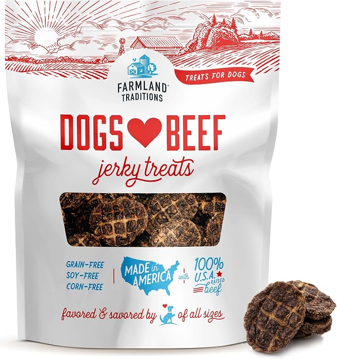Farmland Traditions Dogs Love Beef Jerky Dog Treats with Only 3 Ingredients and No Fillers, 5 Ounce Bag