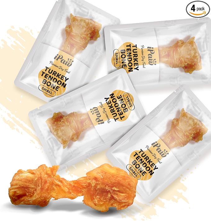 iPaw Turkey Tendon for Dogs, Single Protein, Hypoallergenic, All Natural Human Grade Puppy Chew, Rawhide Alternative Dog Treats, 4 Pcs/Pack Bone (Small)