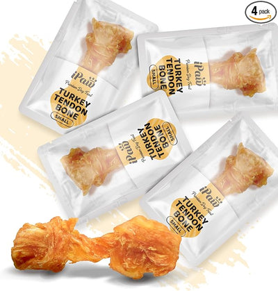 iPaw Turkey Tendon for Dogs, Single Protein, Hypoallergenic, All Natural Human Grade Puppy Chew, Rawhide Alternative Dog Treats, 4 Pcs/Pack Bone (Small)