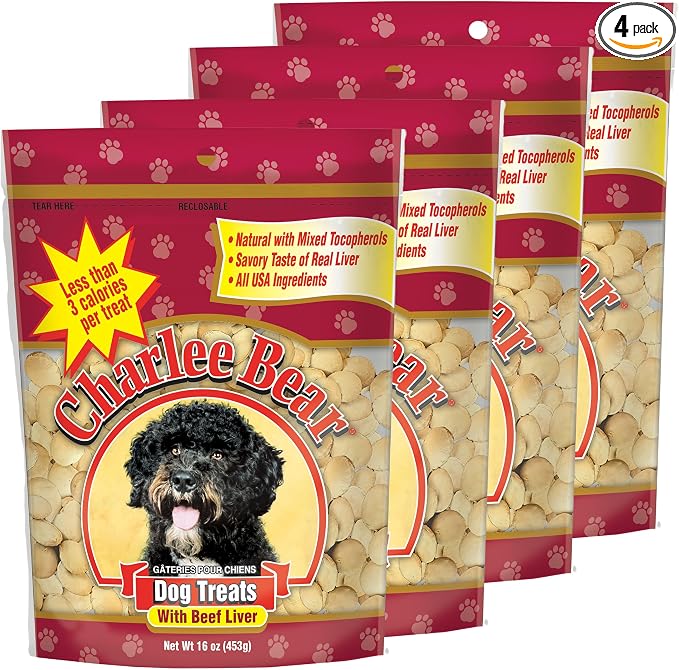 Charlee Bear Original Crunch Dog Training Treats, Beef Liver Flavor, 3 Calories Each, Low Calorie Natural Rewards for Puppies to Adult Dogs, Made in USA, 16 oz (4-Pack)