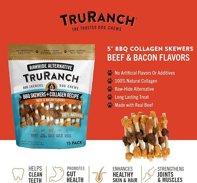 TRURANCH 5" BBQ Collagen Skewers - Collagen Dog Chews - Long Lasting Healthy Joint Support - Rawhide Alternative - Skin & Coat Health, Value Pack, 12 Bags, 225 Count