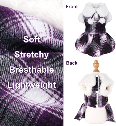 Dog Sweater with Leash Set Plaid Fleece Dog Clothes for Small Dogs Girl Boy Winter Pet Dress Cold Weather Coat Fall Sweater for Chihuahua Yorkie Cat Puppy Costumes (Purple, XX-Small)