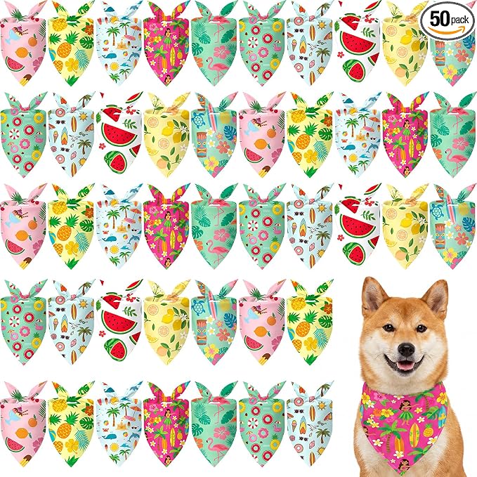 Weewooday 50 Pcs Summer Bandanas Bulk for Dogs Kerchief Bibs Scarves with Beach, Fruit, Hawaii Ice Cream Luau Aloha Pool for Small Medium Large Grooming Accessories(Summer, 25.6 x 17.7 x 17.7 Inch)