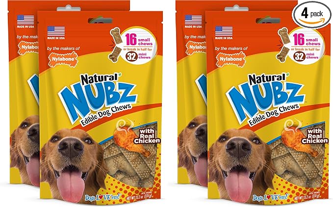 Nylabone Nubz Natural Dog Chew Treats for Small Dogs,Long Lasting Dog Chew Bones Made in USA,Chicken Flavor Breath Freshener Dental Chews,Small-Dog Bones for Dogs Up to 25 lbs.,16 Count (Pack of 4)
