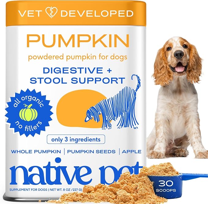 Native Pet Pumpkin for Dogs - Organic Dog Food Topper Powder - Promotes Firm Stools, Supports Digestive, Bowel Health & Nutrient Absorption - USDA Organic, Rich in Fiber with Real Pumpkin - 30 Scoops