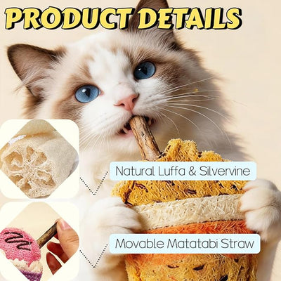 Natural Loofah Chew Cat Toys Janpanese Style, Dental Care Silvervine Sticks for Indoor Cats and Kittens, Milk Tea Cup-Shaped Catnip Treat Toys (Brown)