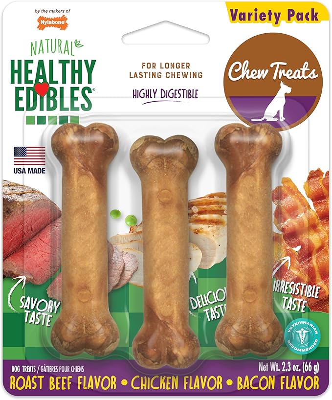 Nylabone Healthy Edibles Natural Chews, Long Lasting Dog Bones, Healthy Dog Treats, Roast Beef/Chicken/Bacon Flavor, X-Small (3 Count)