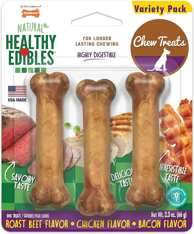 Nylabone Healthy Edibles Natural Chews, Long Lasting Dog Bones, Healthy Dog Treats, Roast Beef/Chicken/Bacon Flavor, X-Small (3 Count)