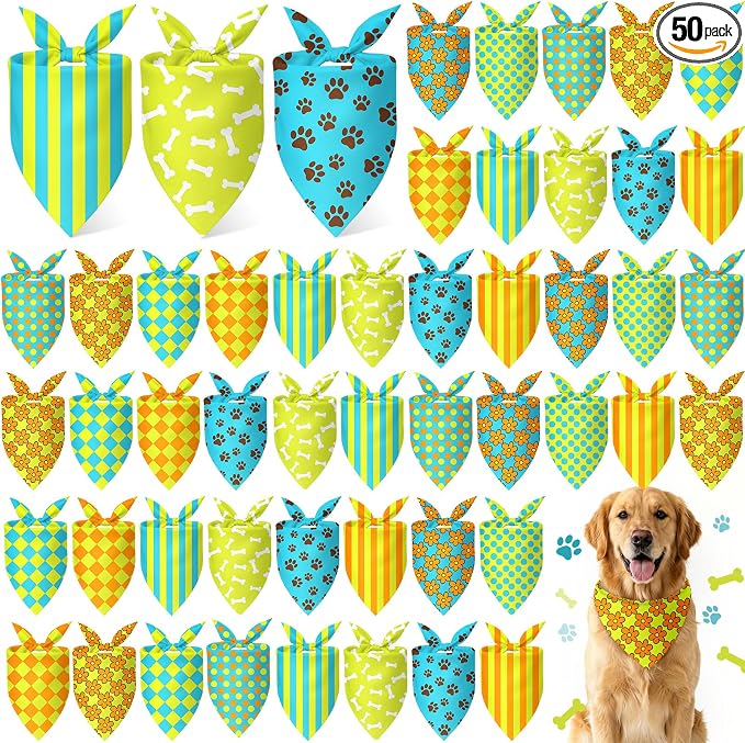 Weewooday 50 Pcs Cartoon Dog Bandana Bulk for Hippie Paw Print Flower Adventure Cute Triangle Soft Dog Bibs Summer Theme Birthday Party Supplies for Small Medium Large Costume 31.5 x 21.7 X21.7 Inch
