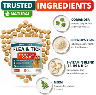 Flea and Tick Prevention for Dogs Chewables - Natural Dog Flea and Tick Treatment - Oral Control Pills - Vet Recommended Supplement - Skin & Coat Support Soft Chews - All Breeds & Sizes Made in USA