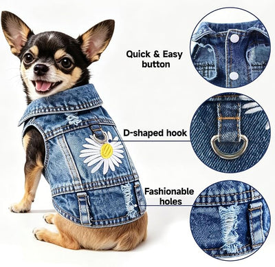 Dog Jean Jacket, Blue Denim Shirt Classic Lapel Vest Coat Costume Puppy T-Shirt, Comfort Tank Top Cool Apparel, Washed Pet Clothes for Dogs Boy Girl (Daisy Bloom with D-Ring, Large)