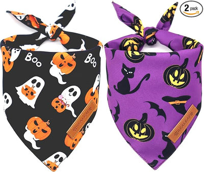 Realeaf Halloween Dog Bandanas 2 Pack, Reversible Orange Pumpkin Pet Scarf for Boy and Girl, Premium Durable Fabric, Holiday Bandana for Small Medium Large and Extra Large Dogs (Small)