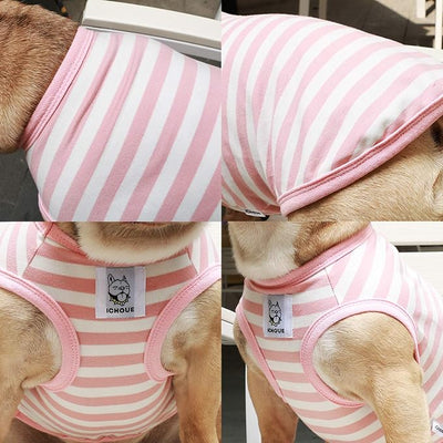 iChoue French Bulldog 100% Breathable Cotton Striped T Shirts Halloween Vest Clothes for Medium Dogs Tank Tops Frenchie Pug English Boston Terrier Pitbull Pink White Stripes - Large Plus